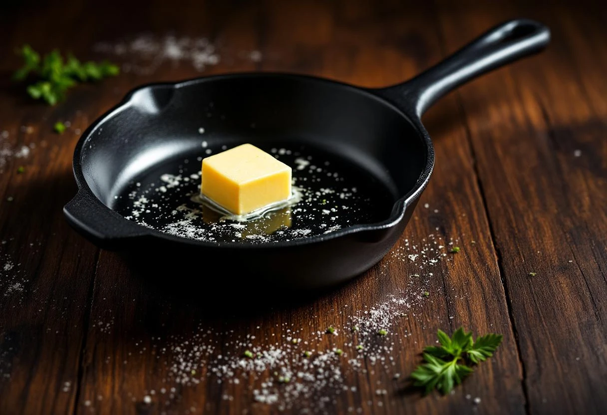The Hearth Skillet on dark walnut wood, dramatic side lighting with butter melting and fresh herbs